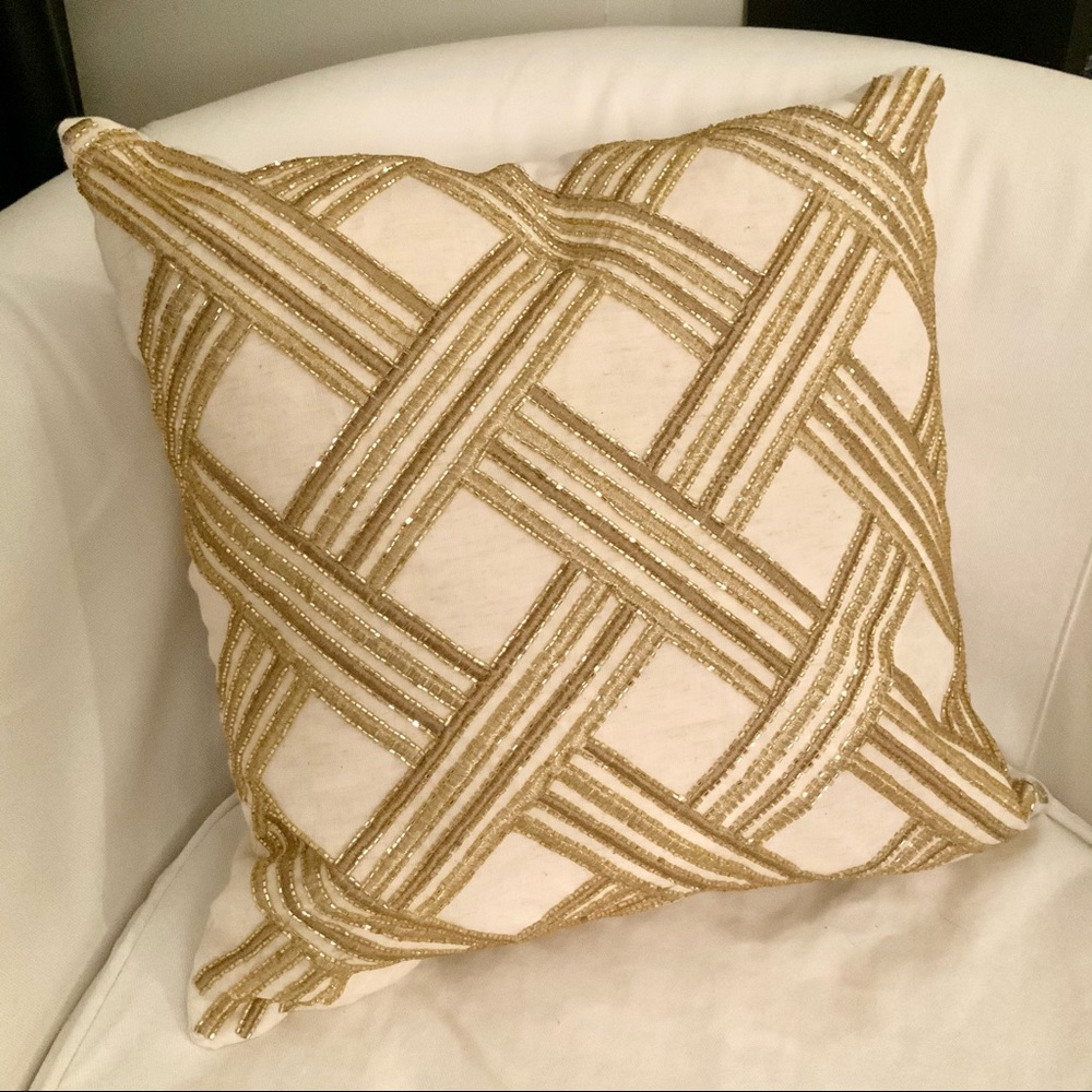Glamorous Gold Beaded 18” Pillow Cover